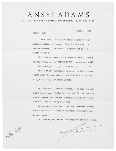 Typed letter signed by Ansel Adams addressed to photographer Nata Piaskowski