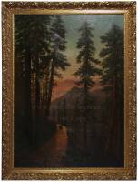 Oil painting of a stage coach in the redwoods