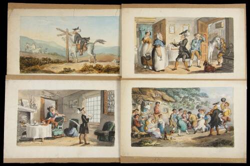 Four watercolor scenes in the style of Thomas Rowlandson