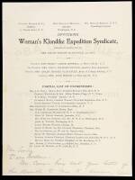 Autograph Letter, signed by McDannold, on broadside listing officers and Patronesses of the Women's Klondike Expedition Syndicate