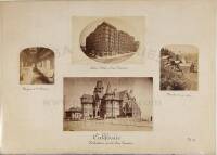 Four albumen photographs mounted on a board with captions in French, evidently as displayed at the Paris International Exposition