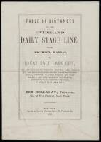 Table of Distances of the Overland Daily Stage Line, from Atchison, Kansas, to Salt Lake City, the Route Passing Through Denver City, thence by the Cherokee Trail along Cache la Poudre River, through Laramie plains, by Fort Halleck and Medicine Bow Mounta