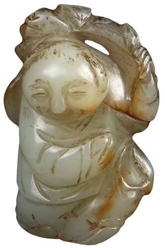 Carved nephrite figurine of man carrying a branch (?), likely a Japanese netsuke