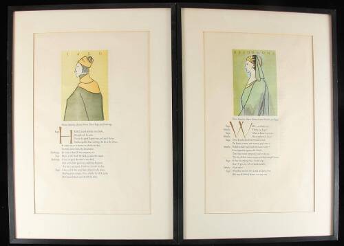 Set of 5 hand-colored woodcuts from Grabhorn Shakespeare books