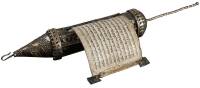 Manuscript scroll of Book of Esther, housed in ornate metal cylinder