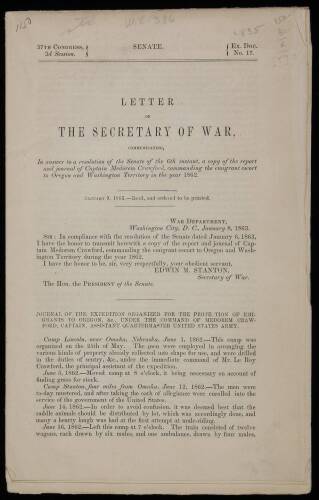 Letter of the Secretary of War, communicating...a copy of the report and journal of Captain Medorem Crawford, commanding the emigrant escort to Oregon and Washington Territory in the year 1862