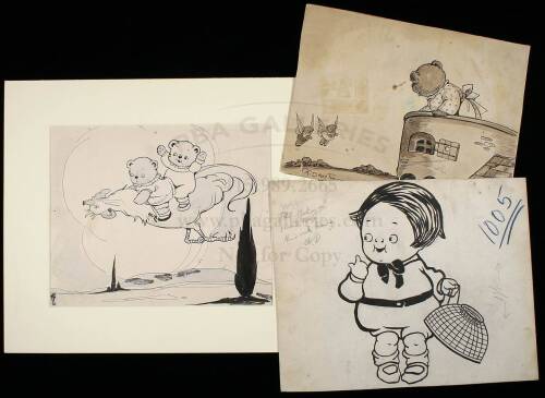 Lot of 8 pen & ink sketches, some with light wash, many with notes on suggested colors