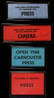 Four framed golf cloth armbands from various tournaments/championships