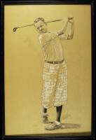 Nicely done original finished drawing of a golfer by A.D. Mills presumed to be Walter Schulken