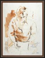 "Jack Nicklaus looking at sketches, 3:15 p.m., Locker Room" - Original watercolor painting by LeRoy Neiman