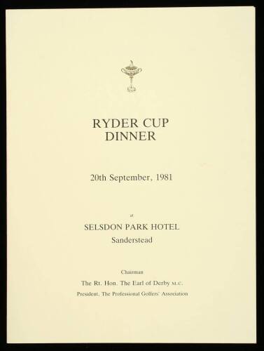 1981 Ryder Cup Dinner Menu, signed by all 26 members – PGA President Joe Black’s copy