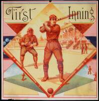 Chromolithographed label for a box of "First Inning" cigars, featuring a batter at the ready, a catcher squatting behind