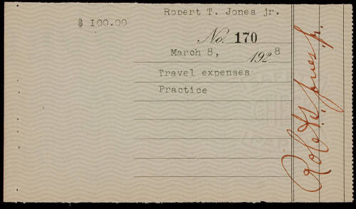 Check for $100 issued to Bobby Jones, signed