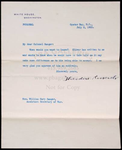 Typed Letter, signed to Assistant Secretary of War, William Sanger