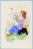 Original watercolor of a boy and girl relaxing in a field, the girl holding a bunch of flowers