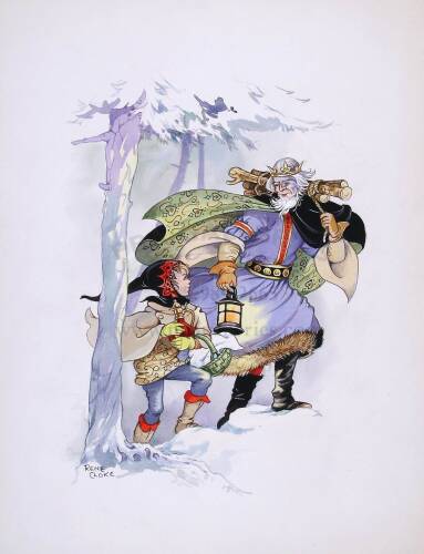 Original watercolor of a man wearing a crown carrying wood and lantern through the woods, accompanied by a boy carrying a pitcher and a basket