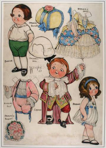 Original watercolor, ink & gouache drawing of three paper dolls for the comic opera Erminie and two additional outfits