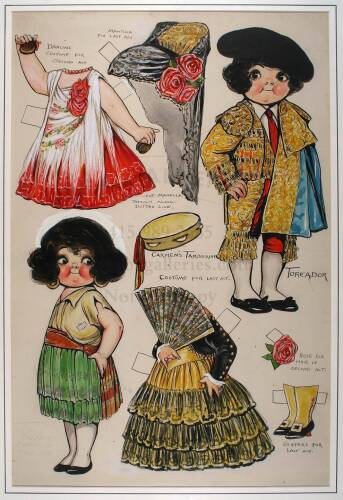 Original watercolor, ink & gouache drawing of two paper dolls for the opera Carmen and two additional outfits