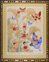Original watercolor drawing of 8 of the cherubic elves called Twinkies, playing amidst the leaves of a goldenrod plant, riding butterflies, etc.