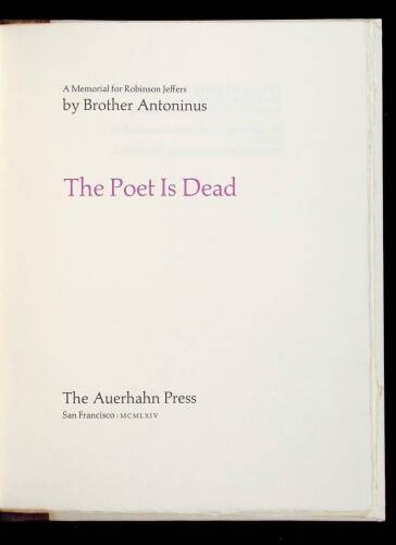 The Poet is Dead: A Memorial for Robinson Jeffers