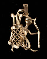 14K gold charm of a golfer in tartan pants, matching golf club bag with clubs