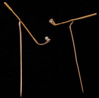 Two gold hat pins including with mounted pearls, including one stamped 10K gold