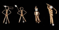 Three pieces of gold jewelry, each with mounted pearls