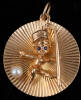 14K gold pendant of cherub holding a golf club, with mounted pearl and sapphire chips