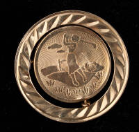 14K gold pin, with center coin, etched with illustration of a lady golfer