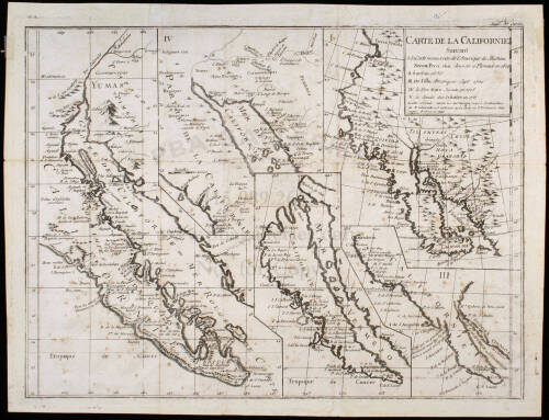 Carte de la Californie suivant I. La carte manuscrite de l'Am&eacute;rique de Mathieu N&eacute;ron Pecci olen dresse &agrave; Florence en 1604 / II. Sanson 1656 / III. De L'Isle Am&eacute;rique Sept. 1700 / IV. le Pere Kino Jesuite en 1705 / V. La Societe des J&eacute;suites en 1767...