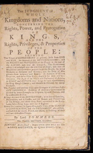 The Judgment of Whole Kingdoms and Nations, Concerning the Rights Powers and Prerogative of Kings...