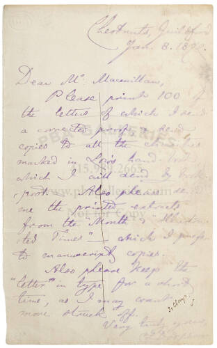 Autograph letter signed by Lewis Carroll to his publisher, Alexander Macmillan, January 8, 1872