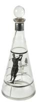 Vintage 1920&rsquo;s Art Deco glass decanter with sterling silver golfing overlay designs