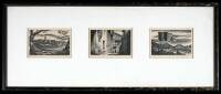 Triptych wood engraving of European village