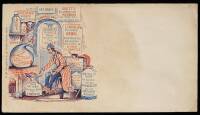 Envelope/cover with color lithographed illustration of Lincoln a chemist/pharmacist mixing various concoctions