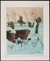 Original watercolor illustration of a winter scene with bear and snowmen