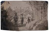 Tintype of three-person surveying party, plus 7 albumen photographs & a woodburytype of surveying instruments