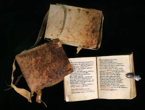 Ethiopian Coptic Bible, hand-written in the Ge&rsquo;ez script, with leather traveling case