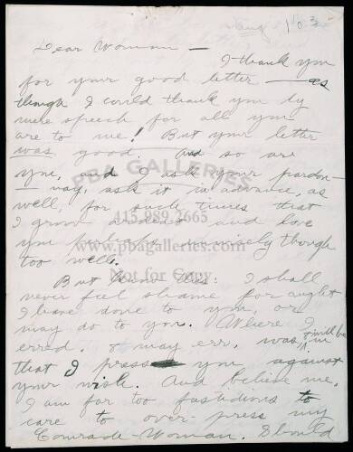 Autograph letter by Jack London to his future wife Charmian Kittredge, August 1, 1903