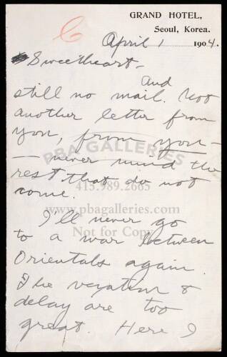 Autograph Letter from Jack London to Charmian Kittredge, written from Seoul, Korea