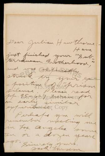 Autograph Letter Signed by Jack London, to Julian Hawthorne