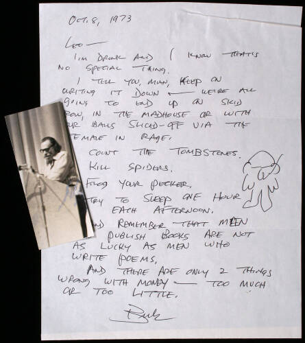 Collection of 5 letters signed by Bukowski to Connecticut Poet Laureate Leo Connellan, plus an original photograph and a related paper item regarding Bukowski's San Francisco poetry reading in December 1973
