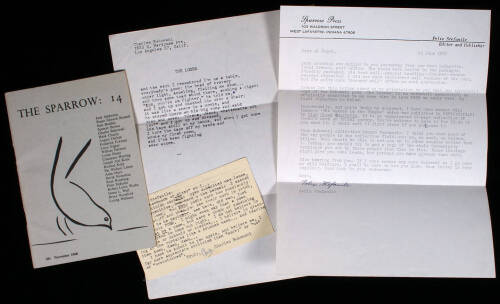 The Loser - original manuscript poem submitted for the Sparrow 14 publication, plus a signed copy of Sparrow 14, a typed postcard signed by Bukowski and a typed letter signed from the editor to Al Fogel