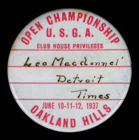 Official USGA Open Championship Club House press pass badge for Leo Macdonnell, Oakland Hills, June 10-11-12, 1937