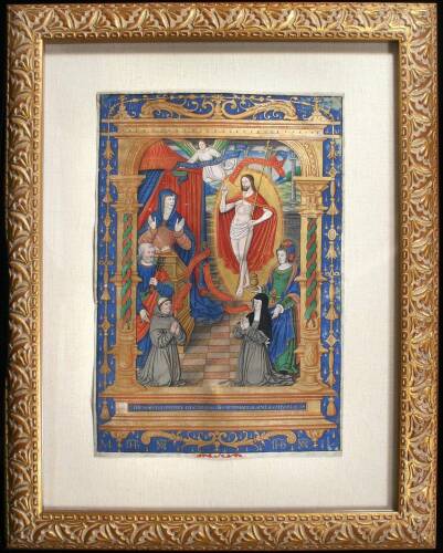 "Christ Appearing before the Virgin." An unusually large and highly finished painting on vellum, likely a frontispiece from an illuminated Renaissance missal