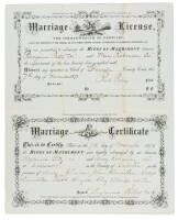 Printed and handwritten Marriage License and (attached) Marriage Certificate for Benjamin Petty and Mary Robinson, "Colored", "legally solemnized" and signed by (white) Minister Benjamin Tiller, Warsaw, Kentucky, November 7, 1871