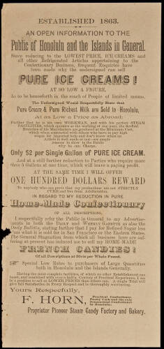 Broadside advertisement for the Pioneer Steam Candy Factory and Bakery in Honolulu, manufacturers of Pure Ice Creams and other delicacies