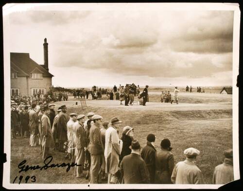 Original wire photograph of Gene Sarazen teeing off on the first hole at Sandwich, Kent during the 1932 British Open