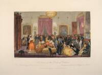 Approximately 15 hand-colored steel engravings of people at events, parties, etc