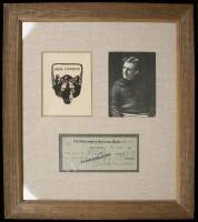 Lot of 3 Jack London items, framed: signed check, bookplate, and photograph